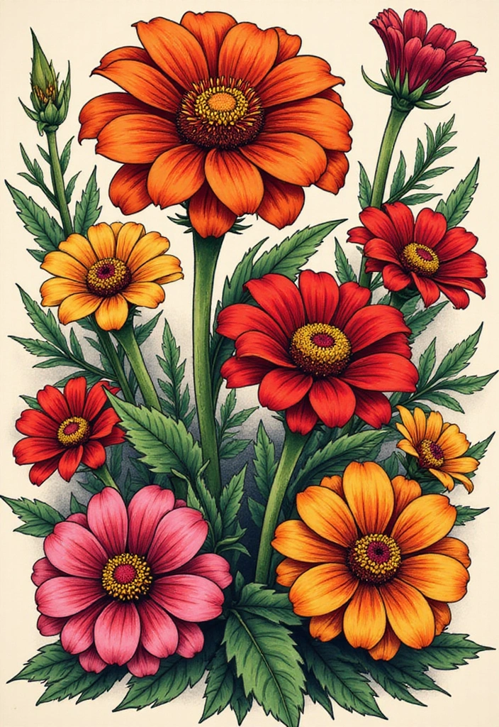 30+ American Traditional Flower Tattoo Inspirations for Gardeners - 14. Zinnias: Celebration of Life