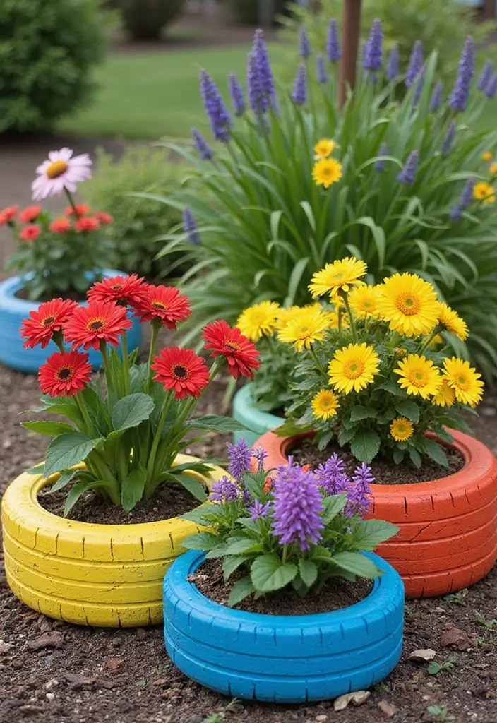 30+ Big Flower Pot Ideas That Make a Bold Statement - 27. Recycled Tire Planters