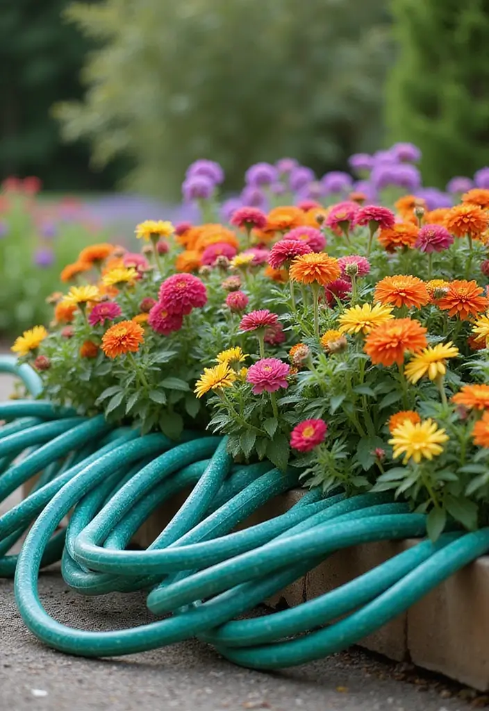 30+ Cheap Flower Bed Edging Ideas That Still Look Stylish - 20. Garden Hoses