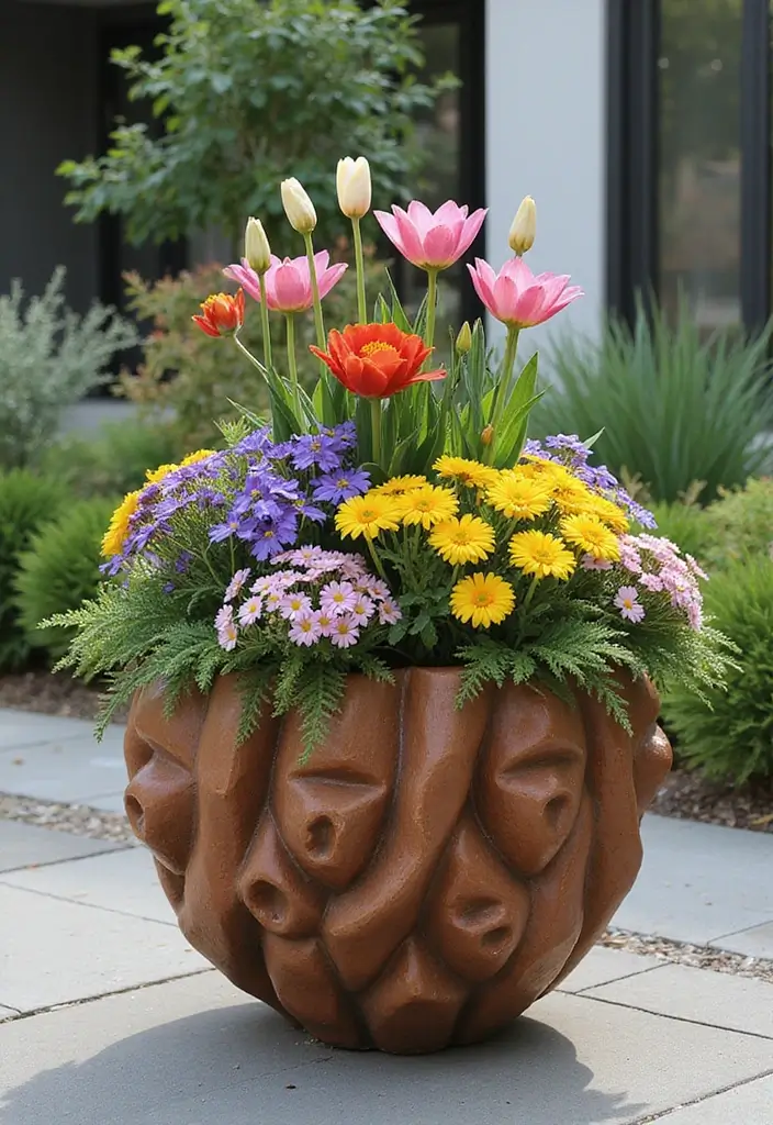 30 Clever Flower Box Ideas to Beautify Windows and Patios - 12. Artistic Sculptural Planters