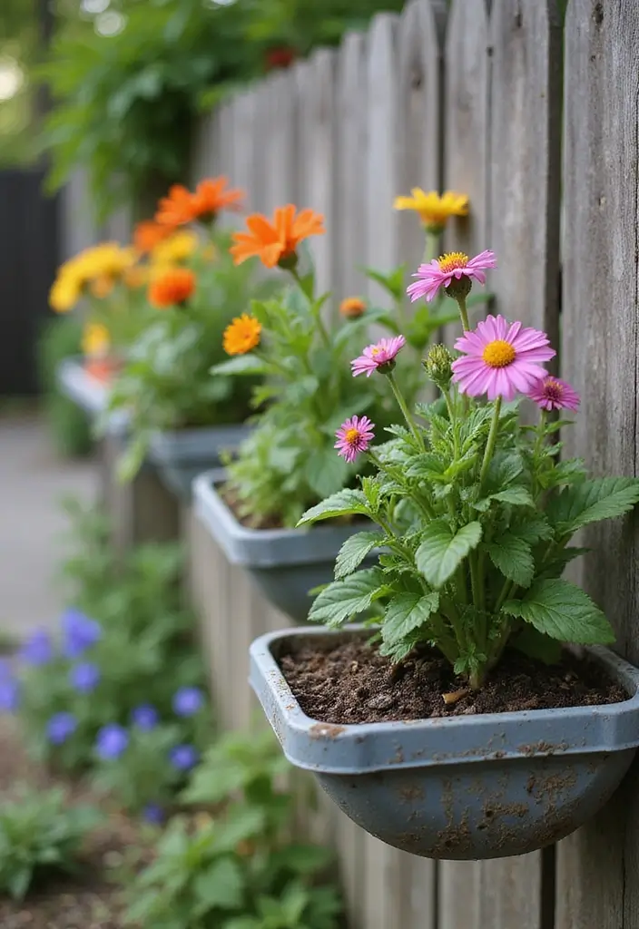 30 Clever Flower Box Ideas to Beautify Windows and Patios - 14. Hanging Gutters for Flowers