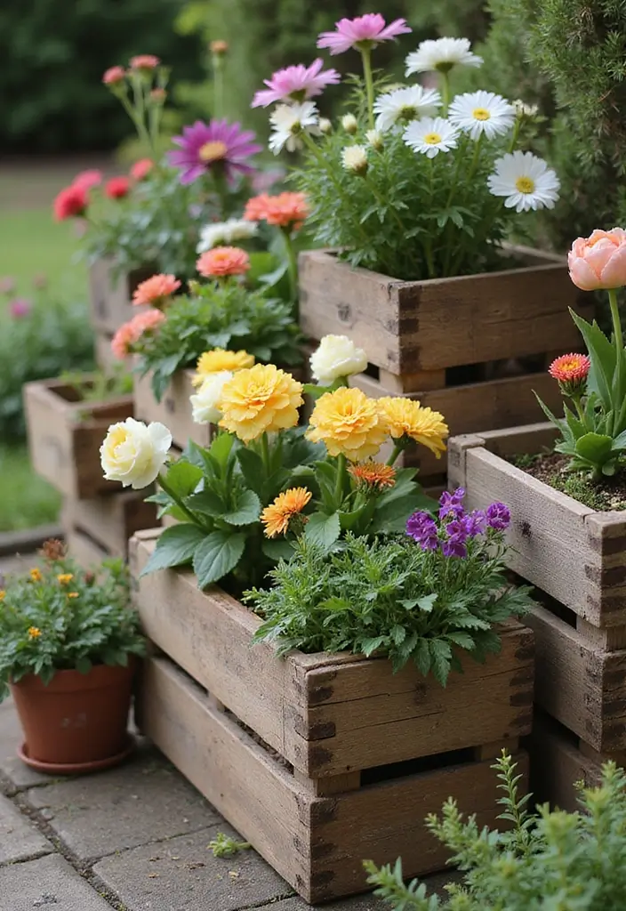 30 Clever Flower Box Ideas to Beautify Windows and Patios - 16. Rustic Crate Flower Boxes