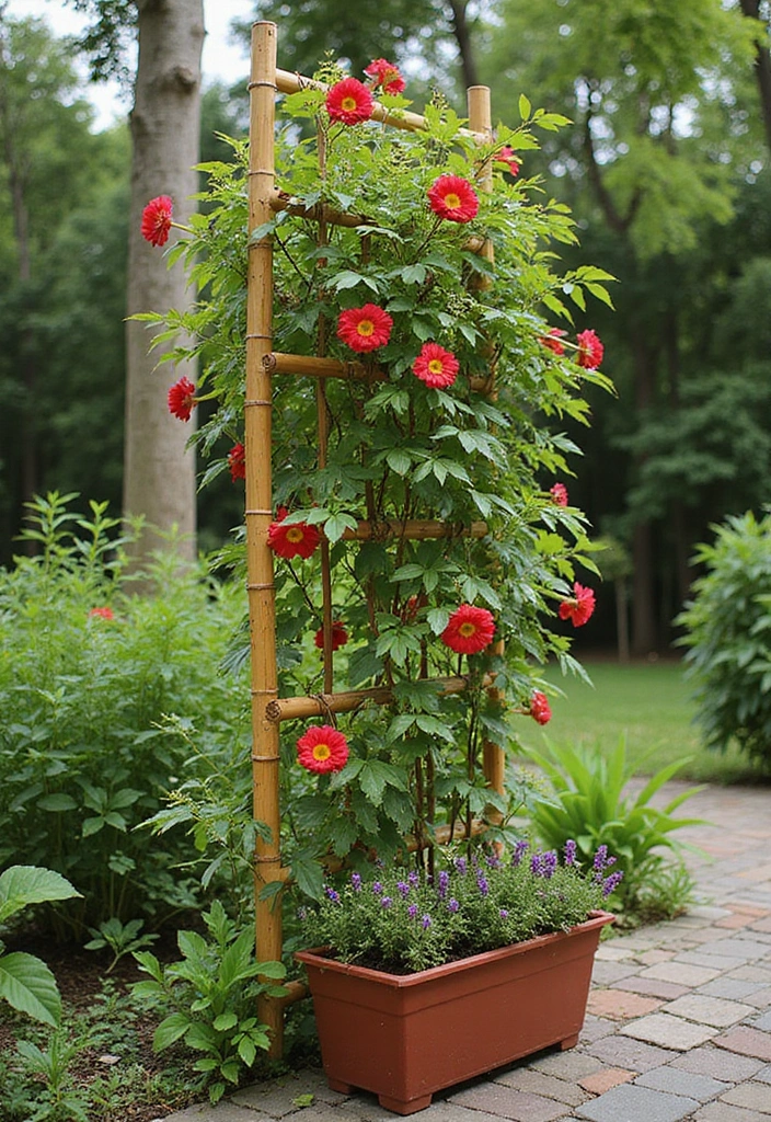 30 Clever Flower Box Ideas to Beautify Windows and Patios - 25. Bamboo Plant Trellis Flower Boxes