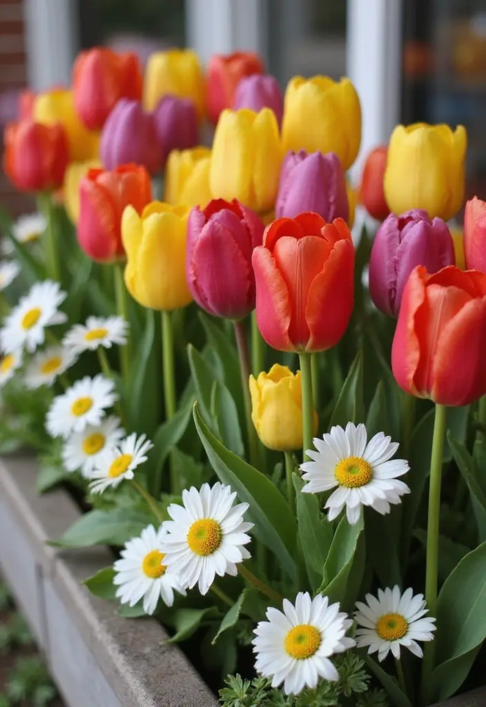 30+ Creative Flower Box Arrangements for Every Season - 1. Spring Revival: Tulips and Daisies