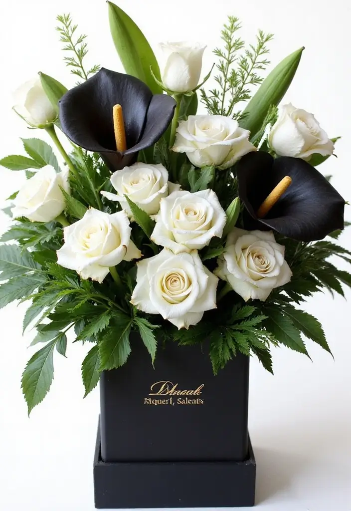 30+ Creative Flower Box Arrangements for Every Season - 17. Black and White: Classic Contrast