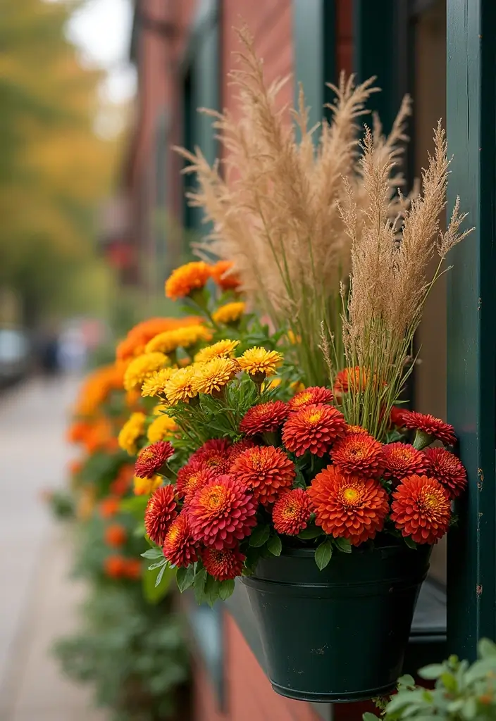 30+ Creative Flower Box Arrangements for Every Season - 3. Fall Beauty: Mums and Ornamental Grasses