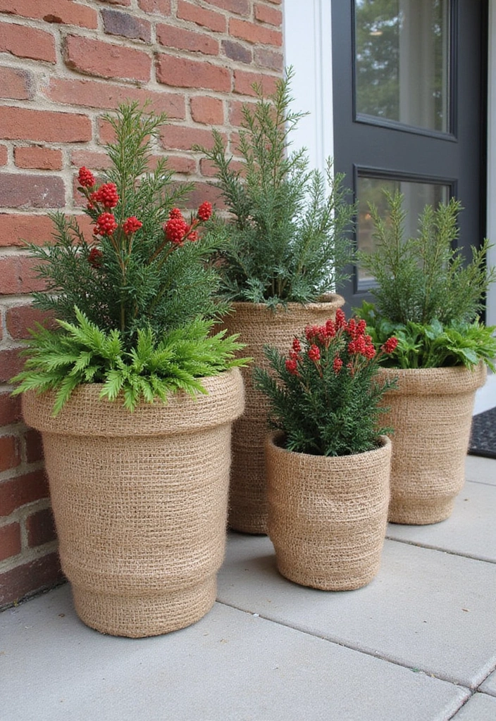 30 Eco-Friendly Christmas Flower Pot Decorations for Outdoors - 2. Festively Wrapped Planters