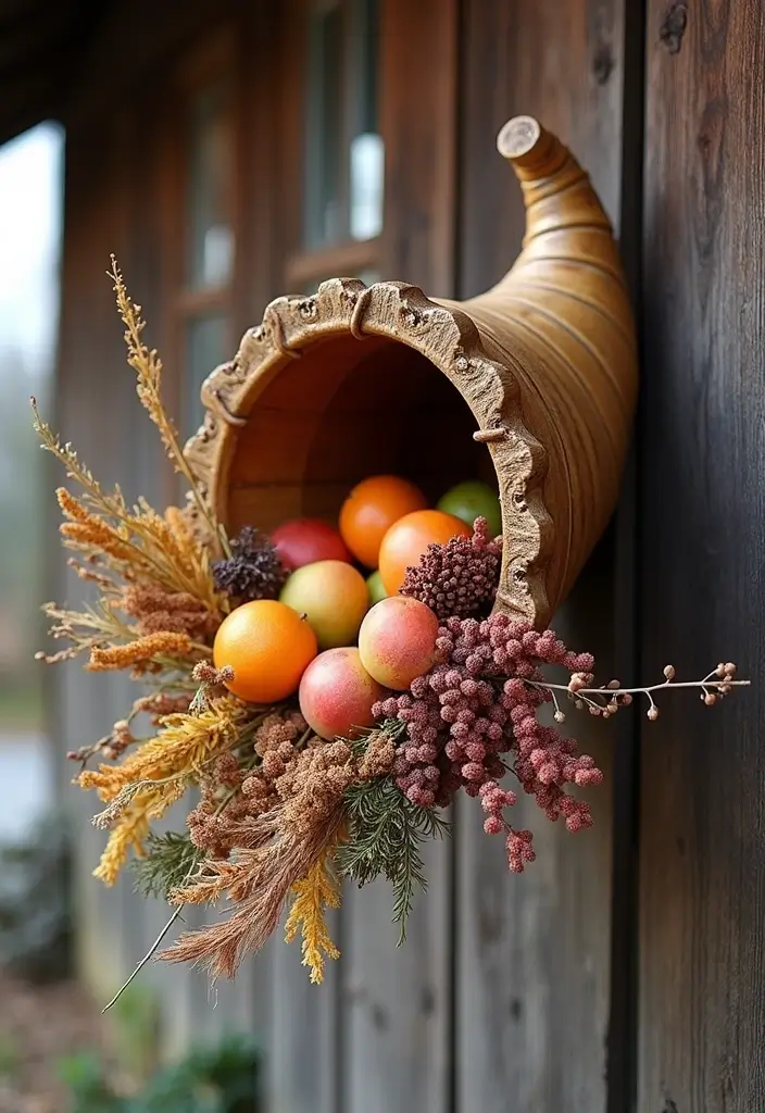 30 Fall Outdoor Flower Arrangement Ideas That Add Warmth 11 30 Fall Outdoor Flower Arrangement Ideas That Add Warmth - 11. Seasonal Hanging Cornucopias