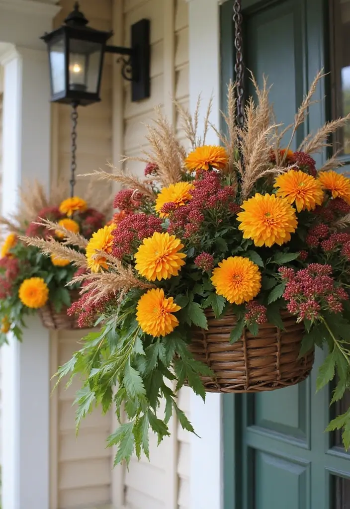 30 Fall Outdoor Flower Arrangement Ideas That Add Warmth 2 30 Fall Outdoor Flower Arrangement Ideas That Add Warmth - 2. Whimsical Hanging Flower Baskets