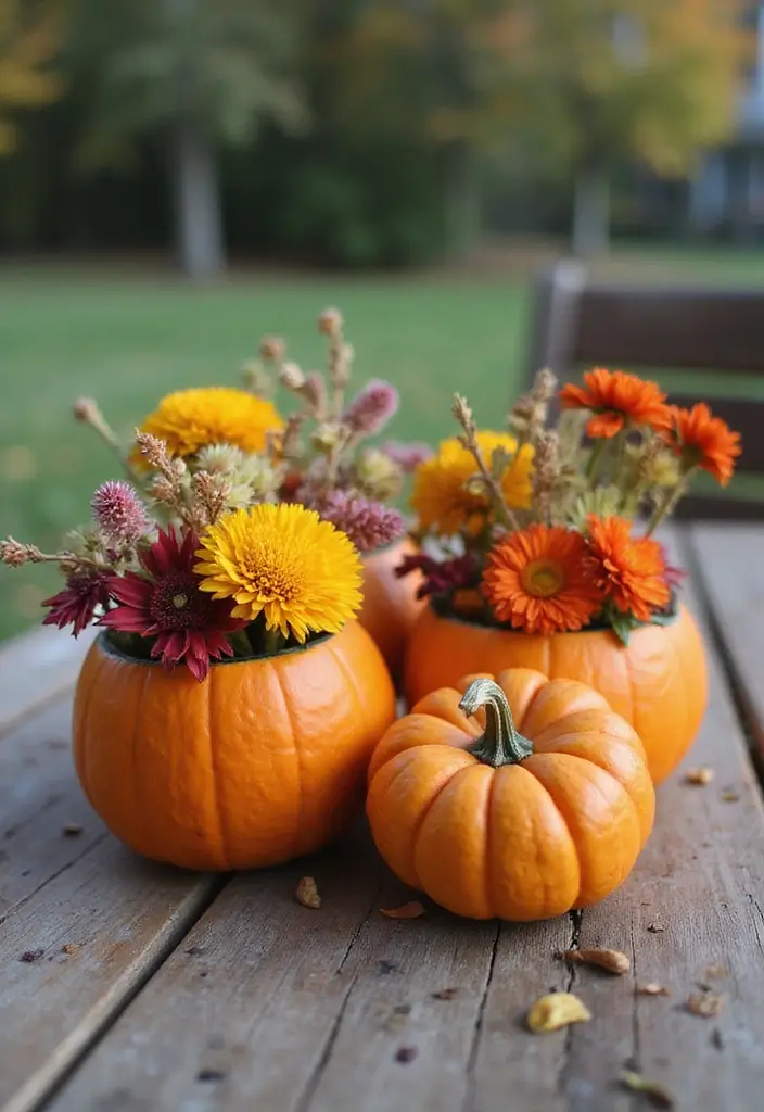 30 Fall Outdoor Flower Arrangement Ideas That Add Warmth 9 30 Fall Outdoor Flower Arrangement Ideas That Add Warmth - 9. Mini Pumpkin Flower Holders