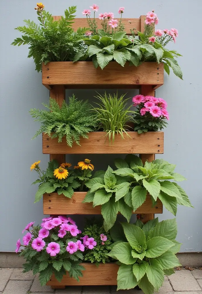 30+ Flower Bed Designs for the Front of Your House That Wow Neighbors - 24. Creative Vertical Wooden Planters