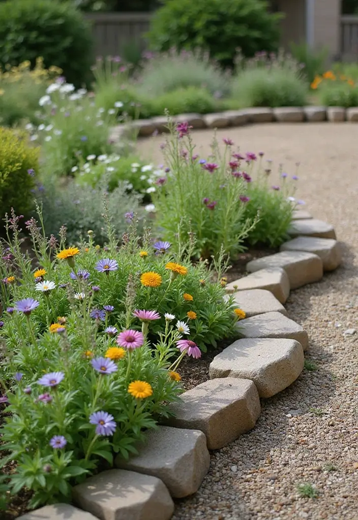 30+ Flower Bed Designs for the Front of Your House That Wow Neighbors - 5. Rustic Stone Border Flower Bed