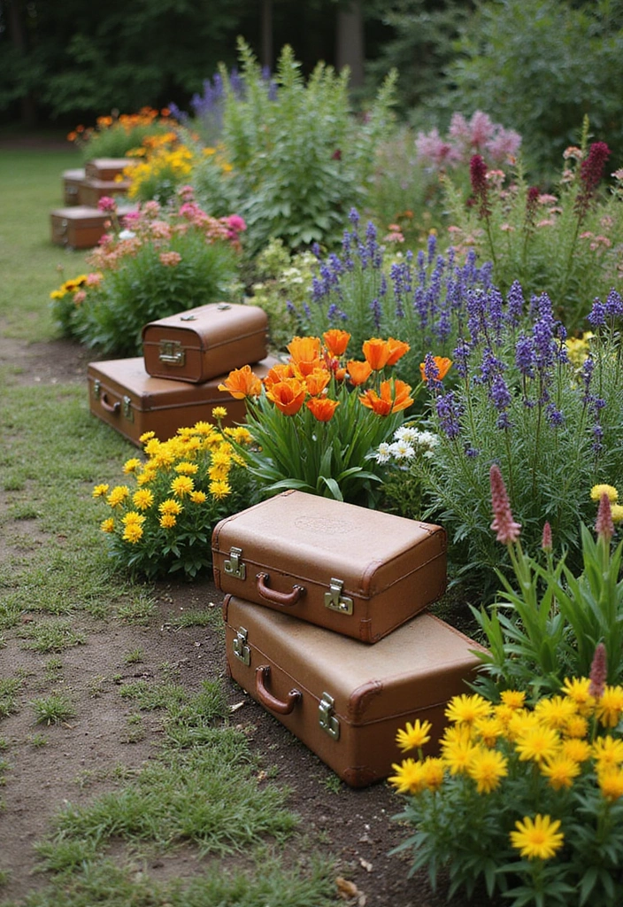 30 Flower Bed Edging Ideas to Define and Upgrade Your Garden 14. Vintage Suitcase Borders