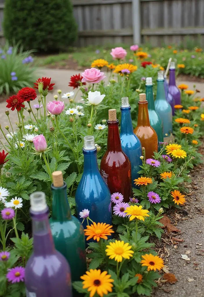 30 Flower Bed Edging Ideas to Define and Upgrade Your Garden 8. Upcycled Glass Bottles