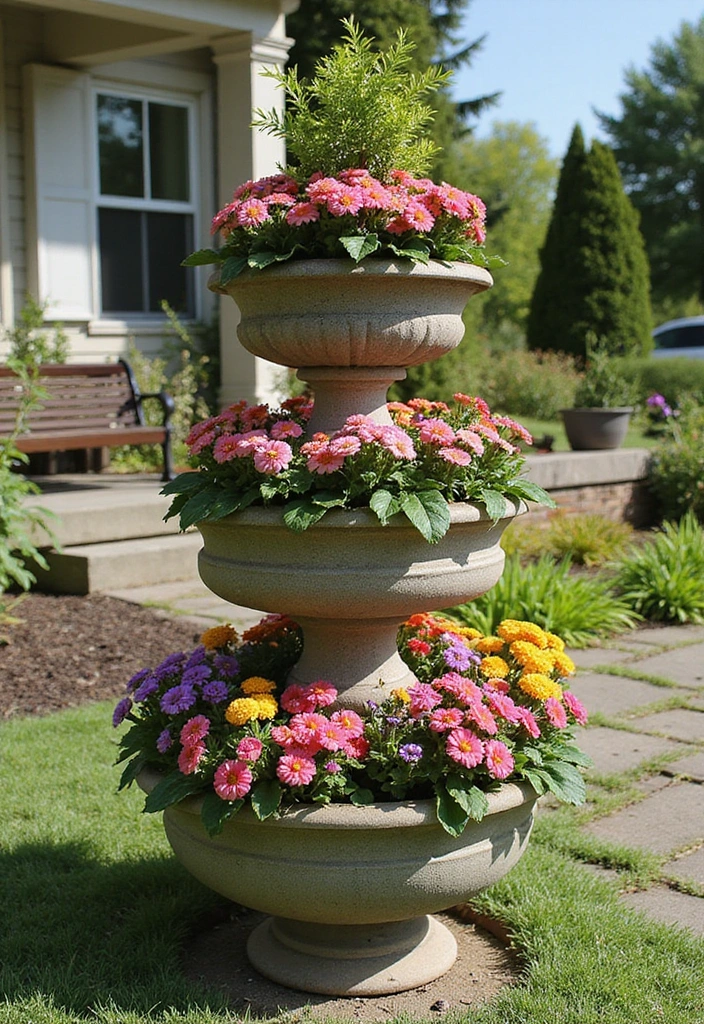 30 Flower Bed Ideas in Front of the House for a Stunning Curb Appeal - 2. Multi-tiered Planters