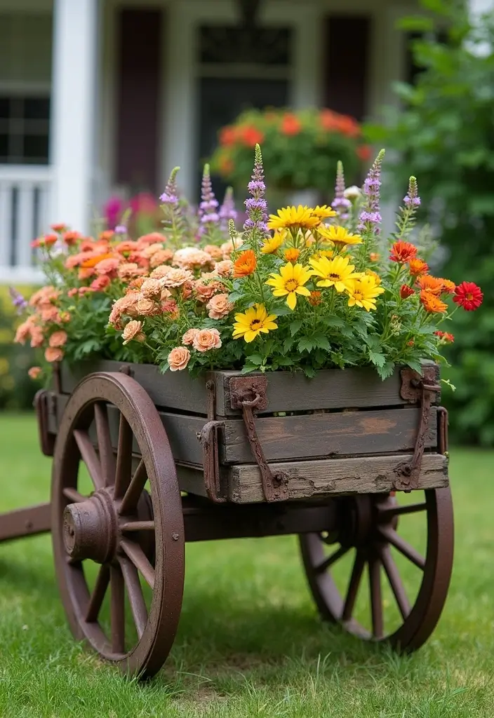 30 Flower Bed Ideas in Front of the House for a Stunning Curb Appeal - 23. Rustic Wagon Planter