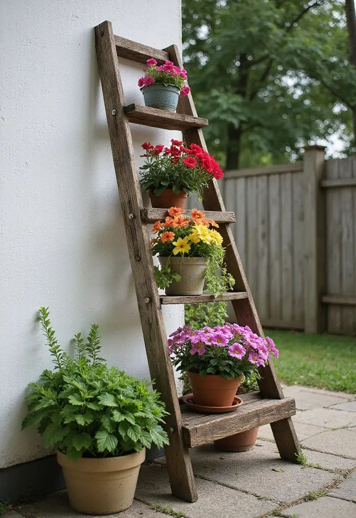 30 Flower Bed Ideas in Front of the House for a Stunning Curb Appeal - 7. Ladder Flower Display