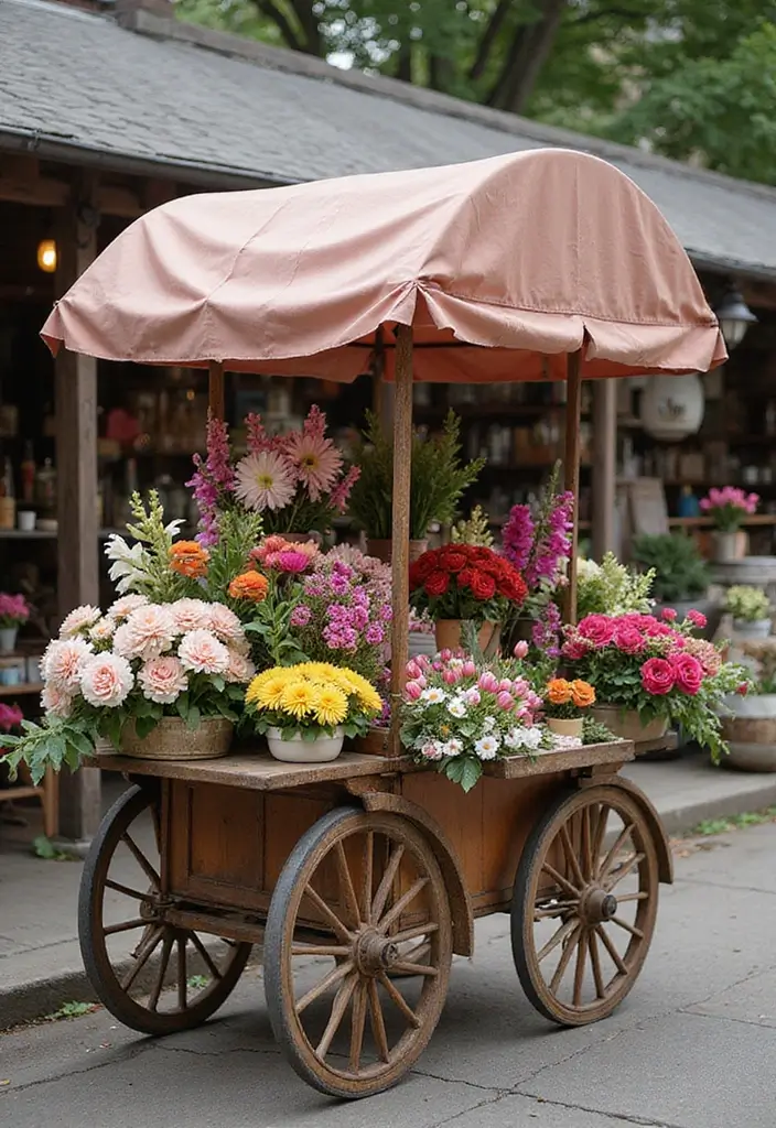 30 Flower Cart Decoration Ideas That Turn Heads at Markets - 10. Elegant Drapery and Fabrics