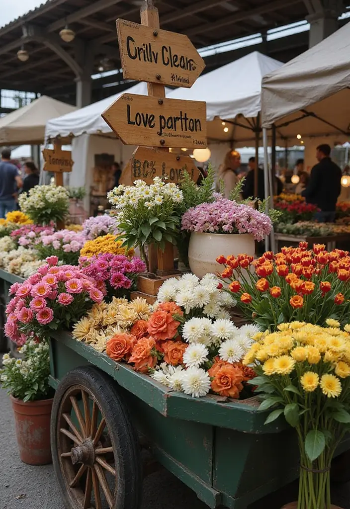 30 Flower Cart Decoration Ideas That Turn Heads at Markets - 12. Charming Signage