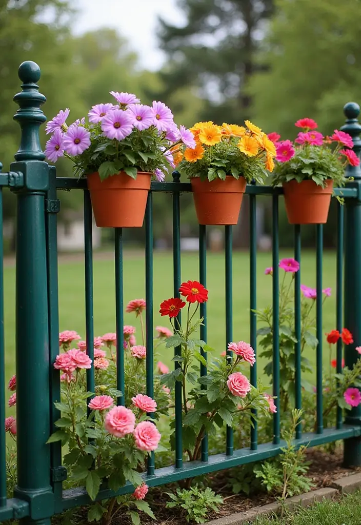 30+ Flower Fence Ideas to Add Charm and Privacy to Your Yard - 28. Hanging Planter Flower Fence