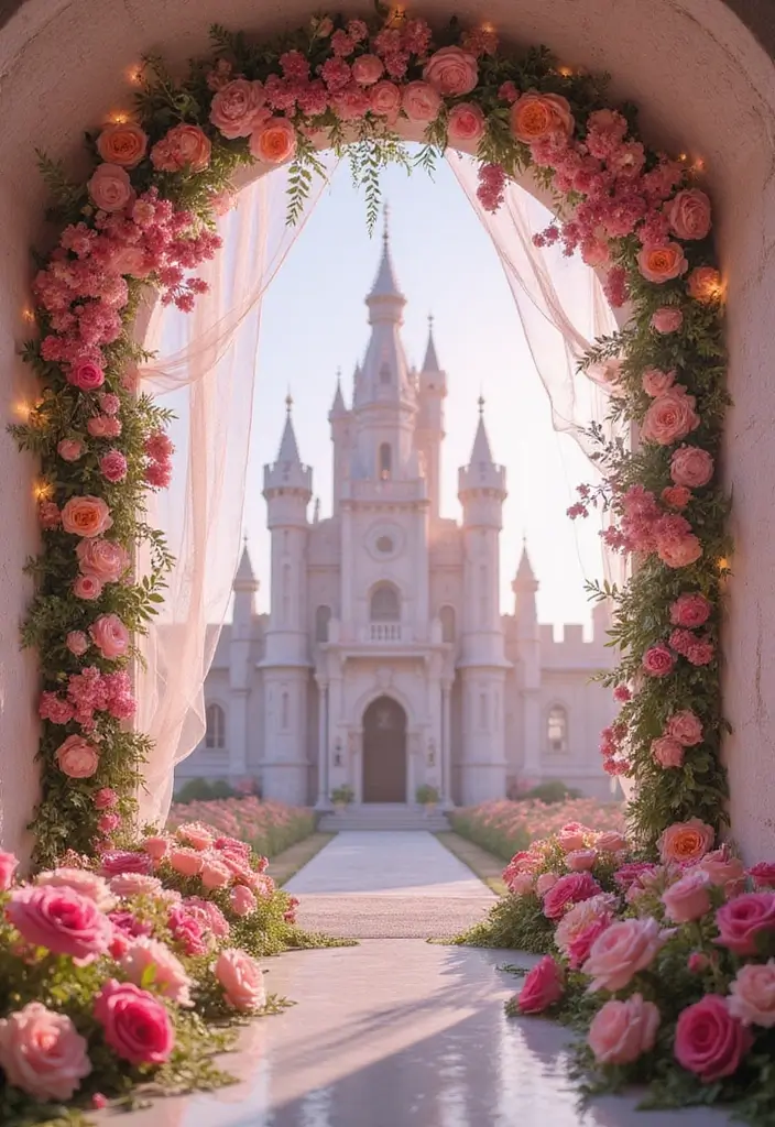 30 Flower Garden Photoshoot Ideas for Magical Pictures - 2. Fairy-Tale Castle Backdrop