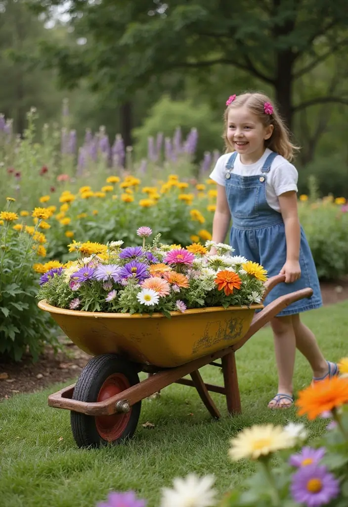 30 Flower Garden Photoshoot Ideas for Magical Pictures - 29. Flower-filled Wheelbarrow