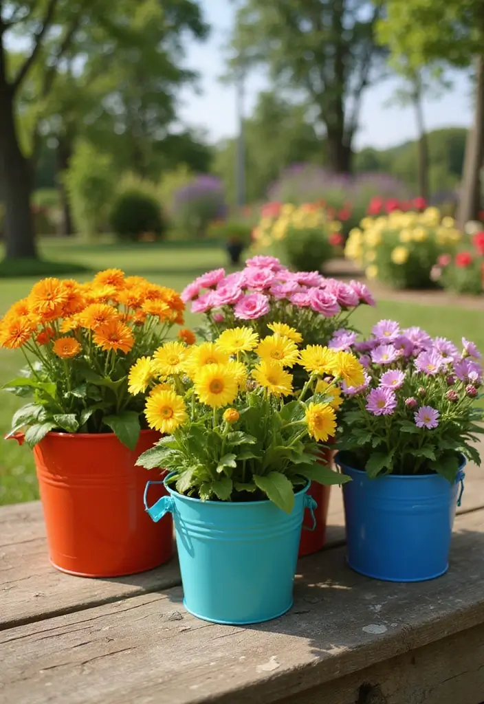 30+ Flower Pot Ideas That Will Instantly Brighten Your Home and Garden - 10. Colorful Metal Buckets