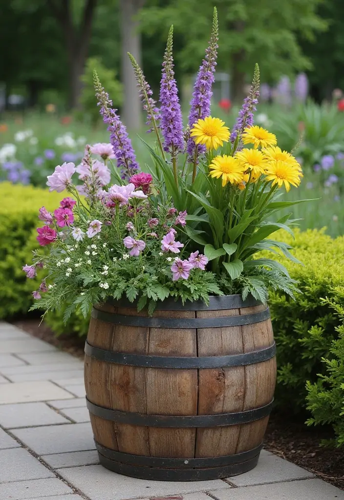 30+ Flower Pot Ideas That Will Instantly Brighten Your Home and Garden - 24. Wine Barrel Planters