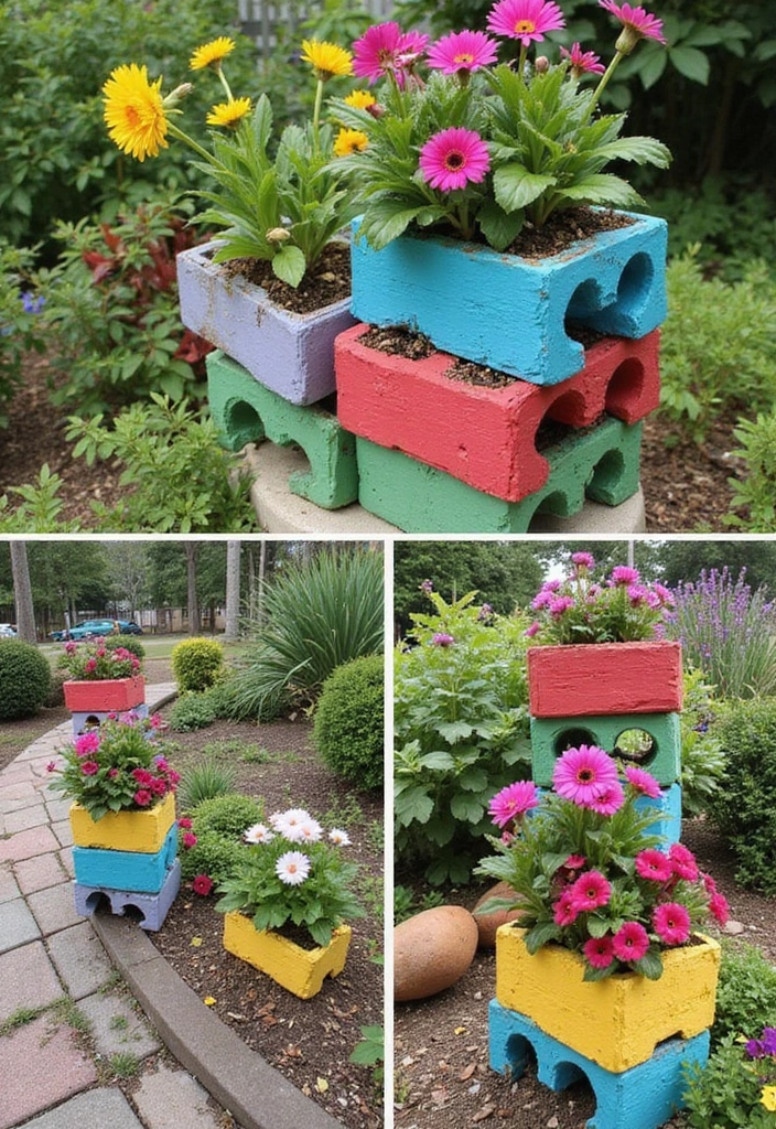 30+ Flower Pot Ideas That Will Instantly Brighten Your Home and Garden - 9. DIY Painted Cinder Blocks