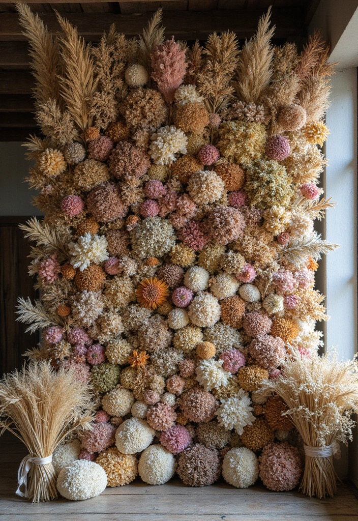 30+ Flower Wall Ideas Perfect for Weddings, Events, and Homes - 17. Textural Dried Flower Wall