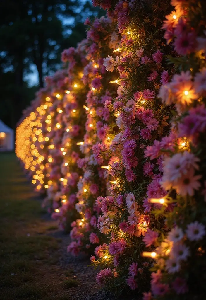 30+ Flower Wall Ideas Perfect for Weddings, Events, and Homes - 18. Fairy Light Flower Wall