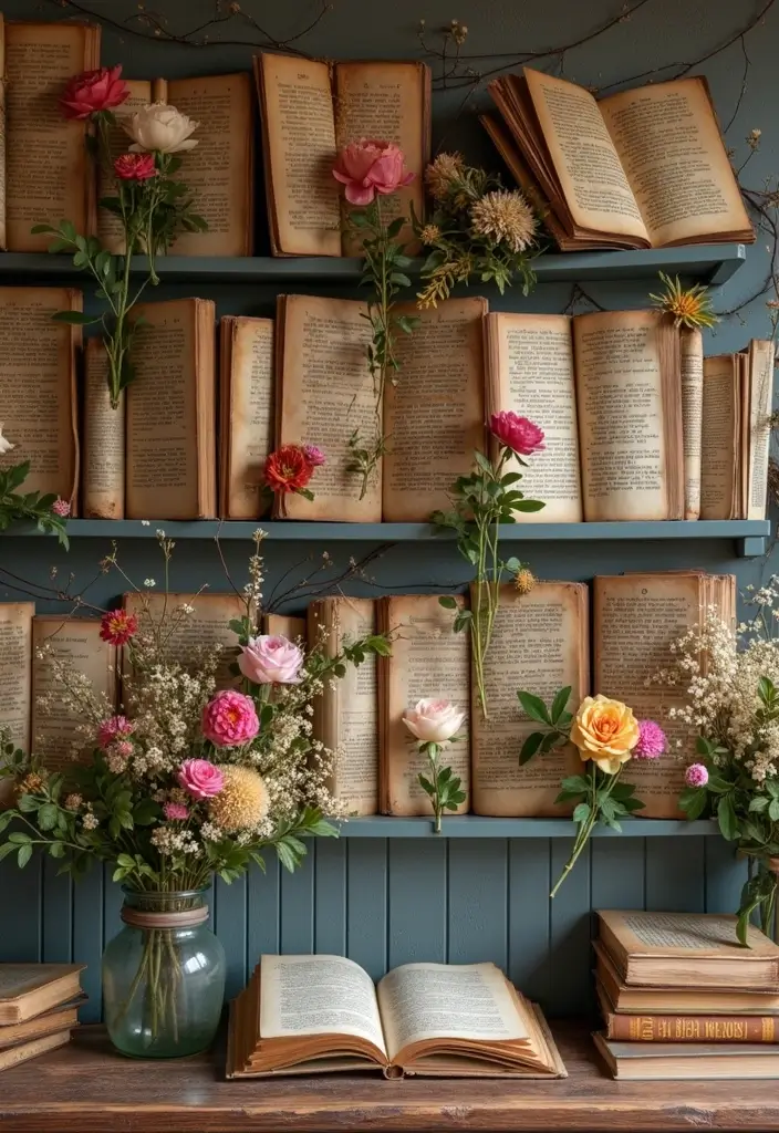 30+ Flower Wall Ideas Perfect for Weddings, Events, and Homes - 26. Vintage Book Flower Wall