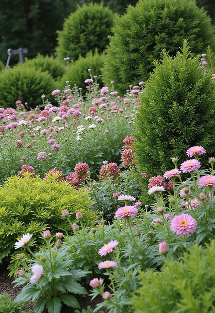 30 Front Flower Bed Ideas That Boost Curb Appeal Instantly - 16. Evergreen Elegance