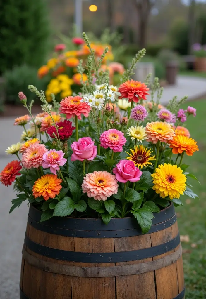30 Front Flower Bed Ideas That Boost Curb Appeal Instantly - 22. Wine Barrel Planters