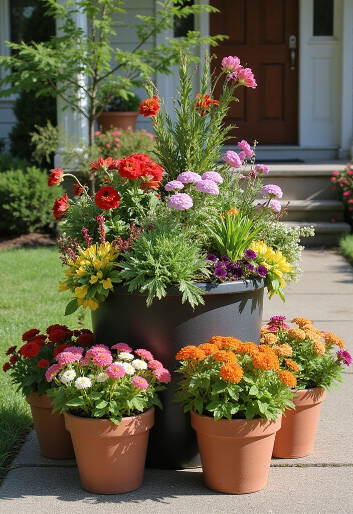 30 Front Flower Bed Ideas for Full Sun Gardens - 20. Creative Container Gardens