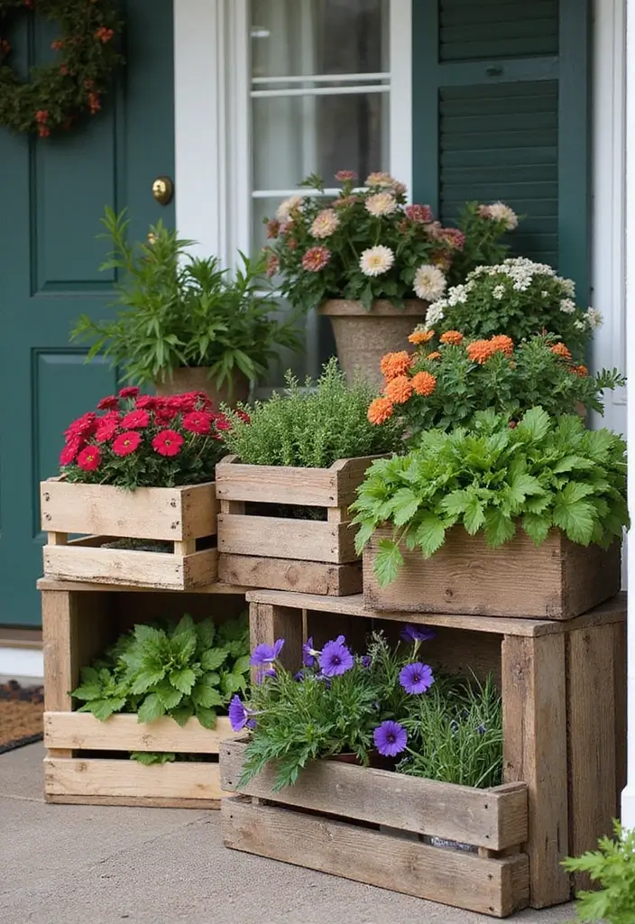 30 Front Porch Flower Pot Ideas That Make a Welcoming Entryway - 1. Rustic Wooden Crate Gardens