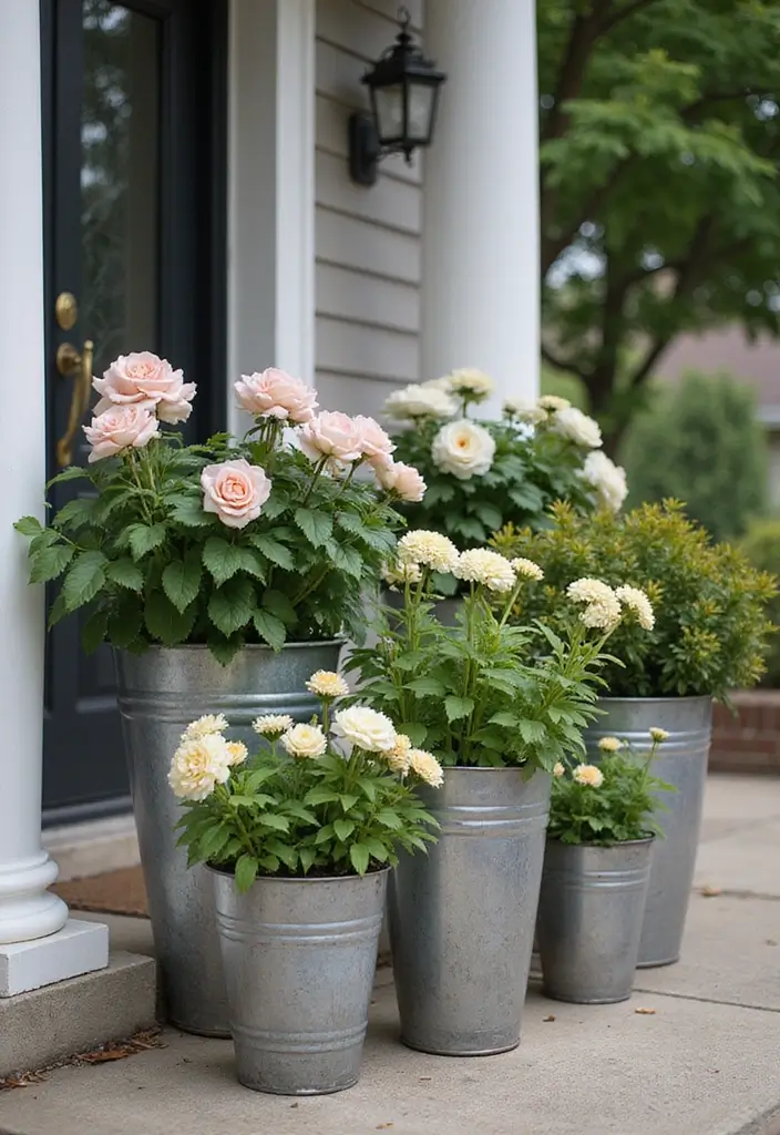30 Front Porch Flower Pot Ideas That Make a Welcoming Entryway - 15. Elegant Metal Planters