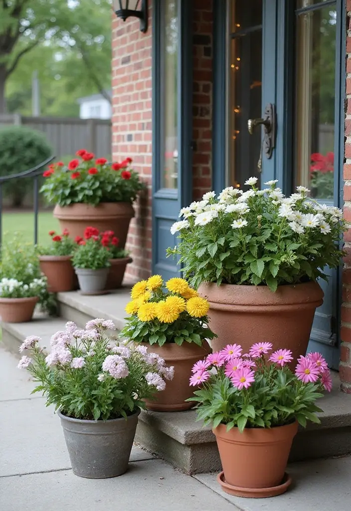 30 Front Porch Flower Pot Ideas That Make a Welcoming Entryway - 17. Grouped Flower Arrangement