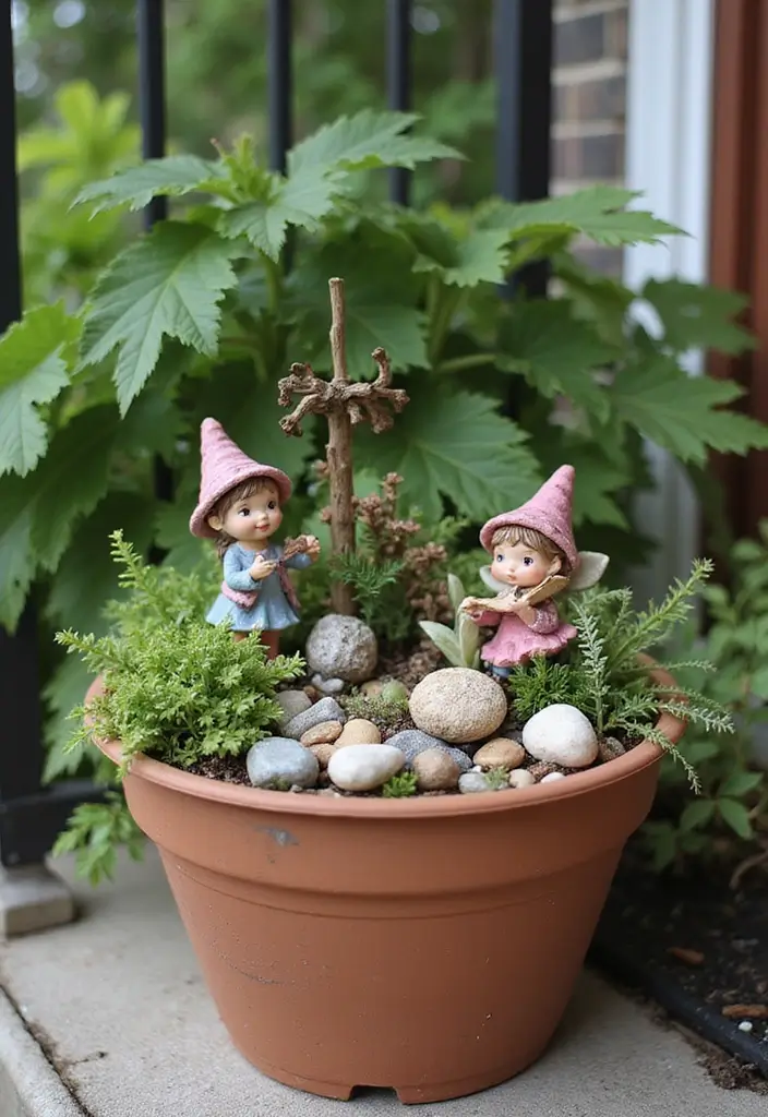 30 Front Porch Flower Pot Ideas That Make a Welcoming Entryway - 21. Whimsical Fairy Garden Pots