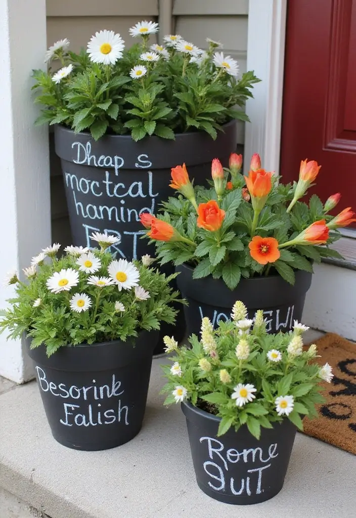 30 Front Porch Flower Pot Ideas That Make a Welcoming Entryway - 22. Colorful Chalkboard Pots