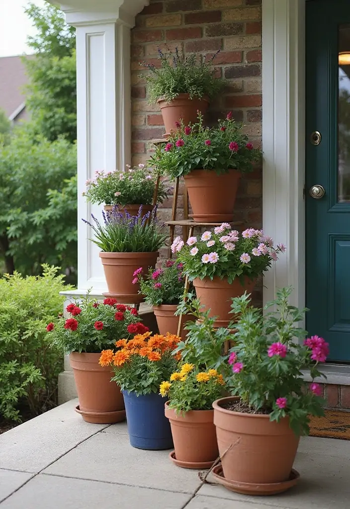 30 Front Porch Flower Pot Ideas That Make a Welcoming Entryway - 25. Terraced Flower Pot Displays