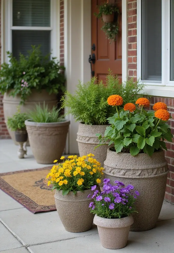 30 Front Porch Flower Pot Ideas That Make a Welcoming Entryway - 26. Textured Planters