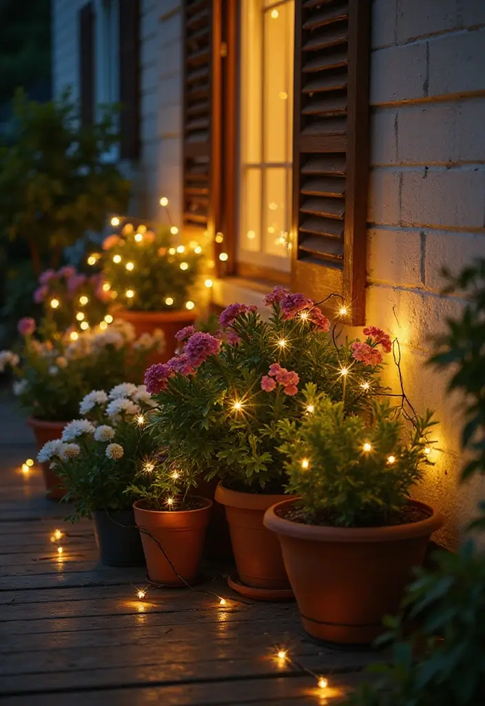 30 Front Porch Flower Pot Ideas That Make a Welcoming Entryway - 29. Charming Fairy Lights in Pots