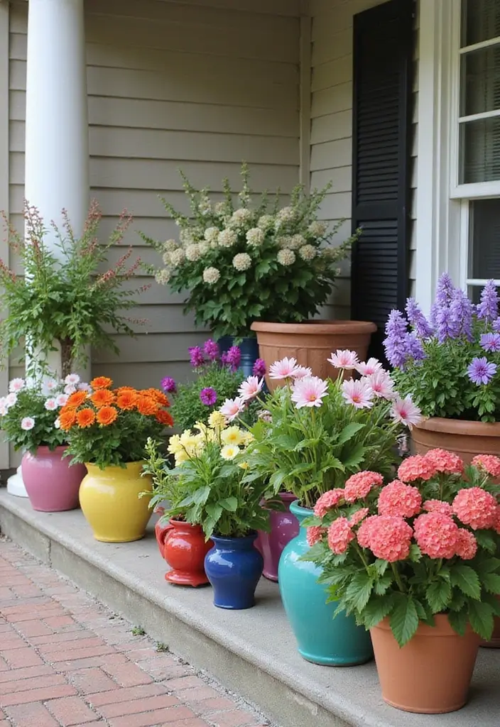 30 Front Porch Flower Pot Ideas That Make a Welcoming Entryway - 3. Colorful Ceramic Pots