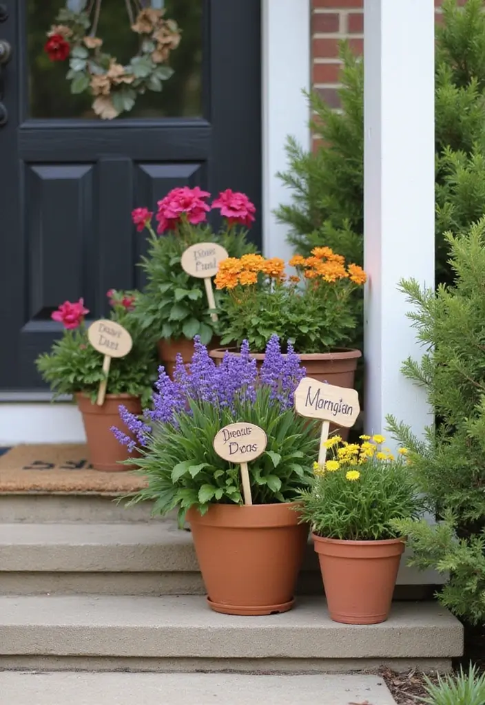 30 Front Porch Flower Pot Ideas That Make a Welcoming Entryway - 30. Creative Plant Labels