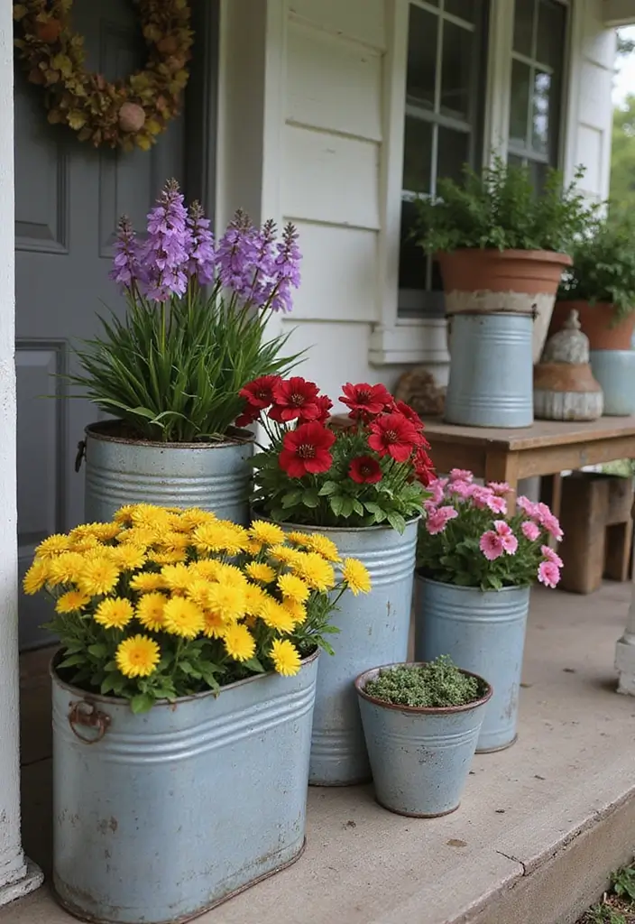 30 Front Porch Flower Pot Ideas That Make a Welcoming Entryway - 4. Vintage Tin Containers