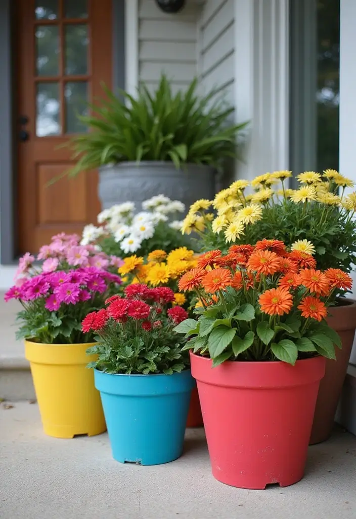30 Front Porch Flower Pot Ideas That Make a Welcoming Entryway - 9. Color-Contrasting Flower Combos