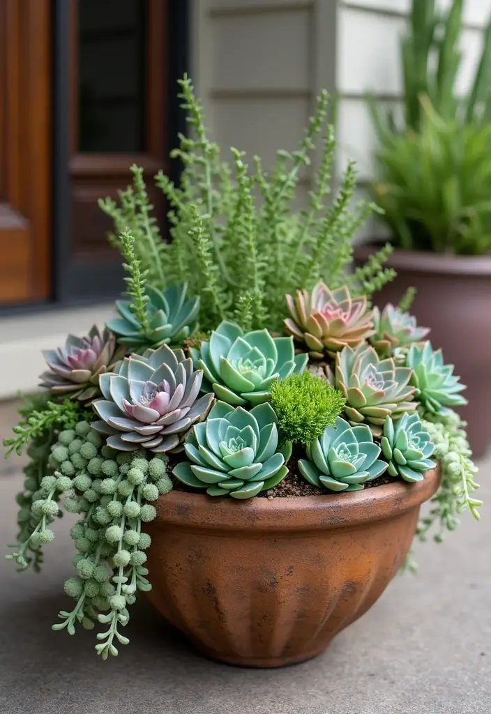 30 Front Porch Garden Ideas with Flower Beds to Welcome Guests - 11. Colorful Succulent Arrangements