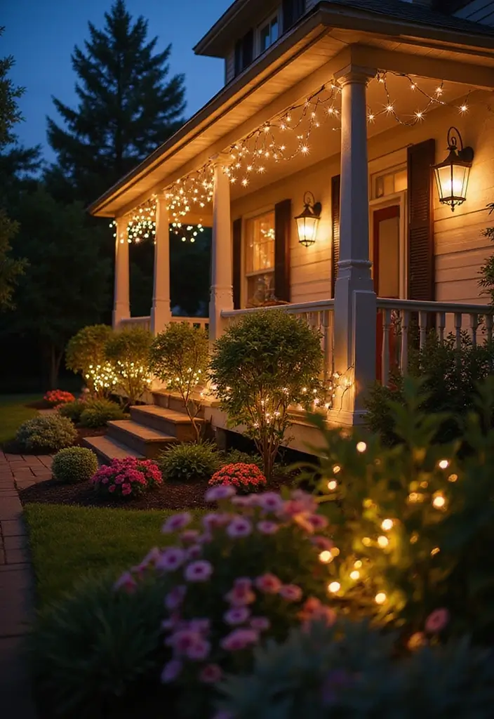 30 Front Porch Garden Ideas with Flower Beds to Welcome Guests - 12. Fairy Lights in Flower Beds