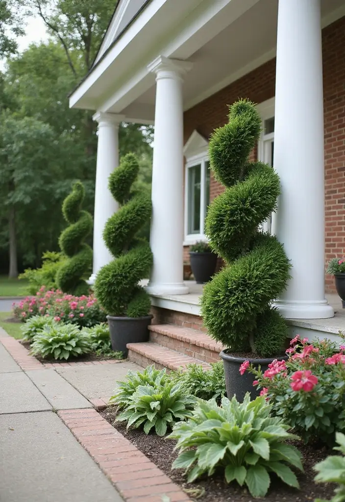30 Front Porch Garden Ideas with Flower Beds to Welcome Guests - 14. Timeless Topiaries